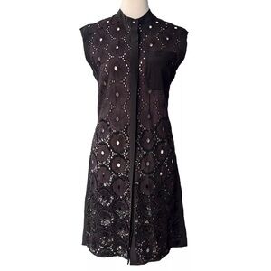 All Saints Hand Embellished Sequin Eyelet Lace Button Down Black Shirt Dress